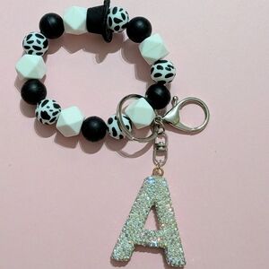 Black and White Beaded Silicone Keychain Rhinestone A Charm | Handmade By Me